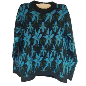 Hudson's Bay Company Vintage Sweater Blue Black Floral Print Ribbed  Knit